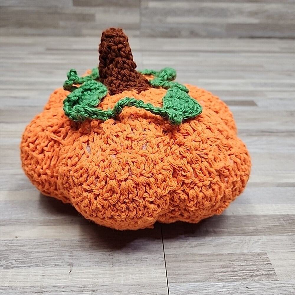 Vintage Handmade Crocheted Pumpkin Decoration Orange 9" Halloween Fall Crochet